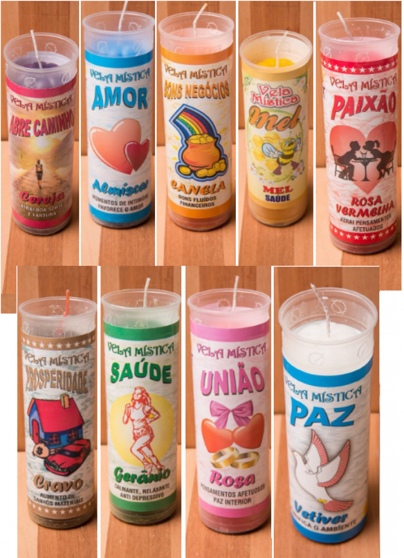 imagem Velas Misticas Perfumadas e Poderosas em copos de plástico. Prontas para serem ascendidas. Tamanho médio de 245g.